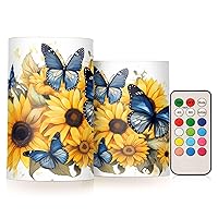 Blue Butterflies Sunflowers Flickering Flameless Candles Battery Operated with Remote Timer,Tea Light Candles LED Pillar Votive Candles Set of 2 for Outdoor Indoor Decorations