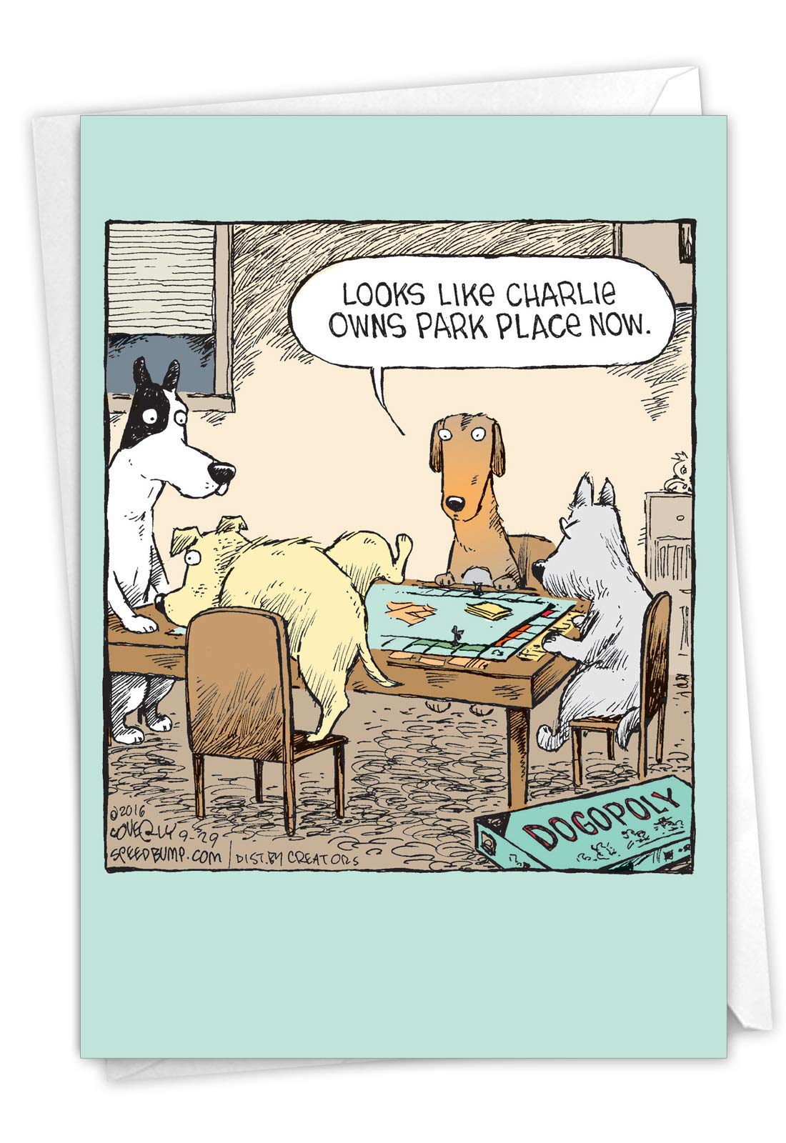 NobleWorks - 1 Humor Birthday Dog Card with Envelope - Funny Puppies Cartoons for Birthday Greetings, Celebration Notecard - Dogopoly C3986BDG