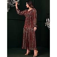 Women's Dresses Casual Wedding Neck Ruched Mesh Glitter Dress Wedding Guest (Color : Burgundy, Size : Large)