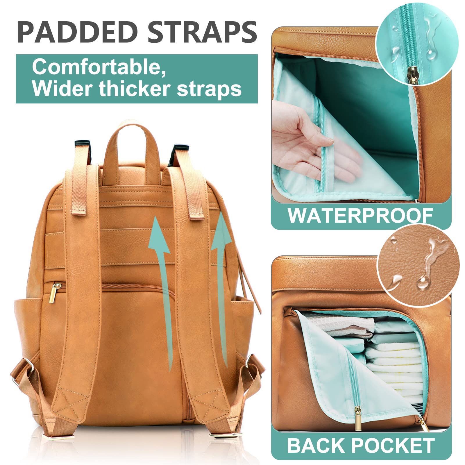 MOMINSIDE Diaper Bag Backpack, Small Diaper Bag Tote, Leather Baby Bag with 6 Insulated Pockets for Mom Dad, Baby Registry Search, Changing Station, Stroller Straps, Large Capacity