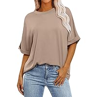 Womens Oversized T Shirts Casual Striped & Plain Roll Short Sleeve Crewneck Loose Fit Tops 2024 Summer Y2K Tee Tops