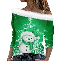 Asymmetrical Off Shoulder Christmas Sweaters Long Sleeve Xmas Print Tops Casual Cute Sexy Festival Shirts