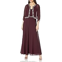 J Kara Women's Petite 2 Piece Set Metallic Beaded Long Jacket Dress