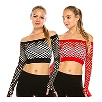 Kurve Women’s Fishnet Crop Top - 2 Pack Sexy See Through Off Shoulder Long Sleeve Layer Mesh Cropped T Shirt (Made in USA)