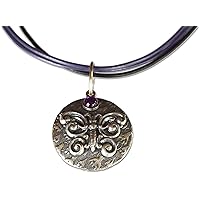 Mirror Antique Silver Butterfly on Floral Circle Pendant - Amethyst