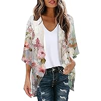 Tank Top for Women Womens Floral Print Puff Sleeve Kimono Cardigan Loose Cover Up Casual Shirt Top Chunky Cardigan