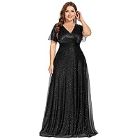 Ever-Pretty Plus Women's Plus Size V-Neck Long Shimmery Flutter Sleeve Pleated Evening Dress 50159