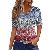 American Flag T Shirt for Women Button Henley Neck Patriotic Shirts 4th of July Short Sleeve Stars Stripes Tops Tee