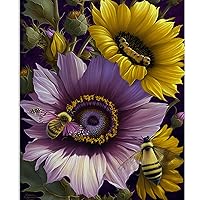Large Wall Art for Bedroom Living Room Purple mallow sunflower Canvas Print Picture Honeybee Painting Modern Artwork Wall Decor for Bathroom Modern Room Plants Wall Decorations 12x16 Inch Frameless