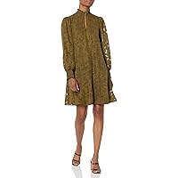 Tommy Hilfiger Women's Shift Chiffon Long Sleeve Mock Neck Dress, Dark Olive, 12