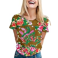 XJYIOEWT Button Down Shirts for Women Trendy Womens Casual Dongbei Big Flower Printed Short Sleeve O Neck T Shirt Top T