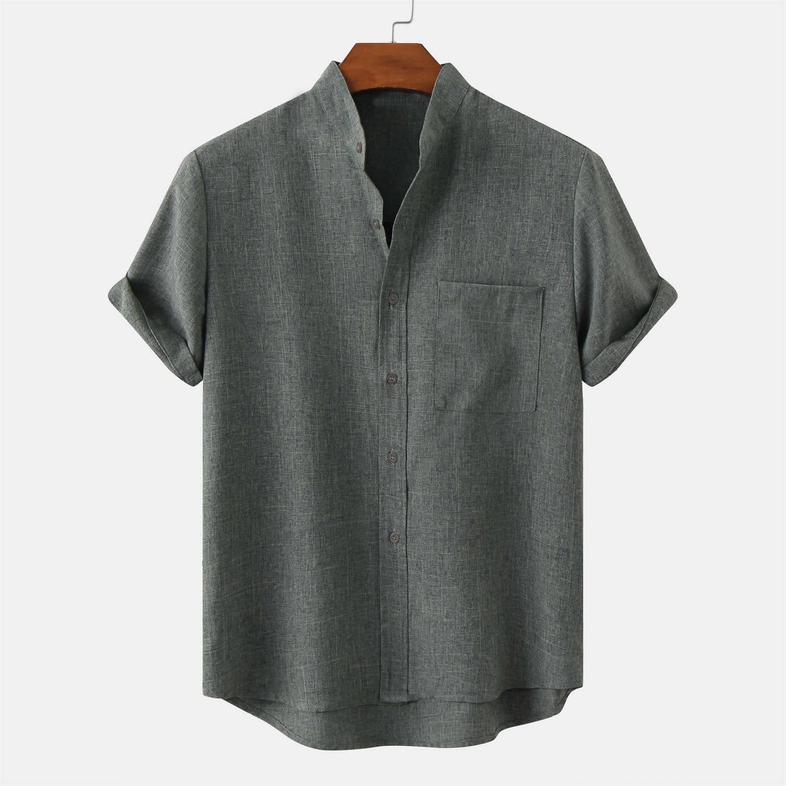 VALSEEL Mens Cotton Linen Shirts Summer Lightweight Comfy Short Sleeve Stand Collar Solid Color Casual Button Down Shirt