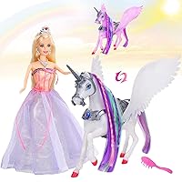 Color Change Unicorn Toys & Princess Doll with Rainbow Braided Hair, Removable Saddle&Wings, Princess Toy Unicorn Gifts for Girls