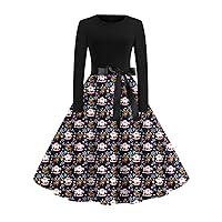 Women's Christmas Dress Plus Size Classic Dress Long Sleeve Print Round Neck Swing Dress Party Dresses 2023