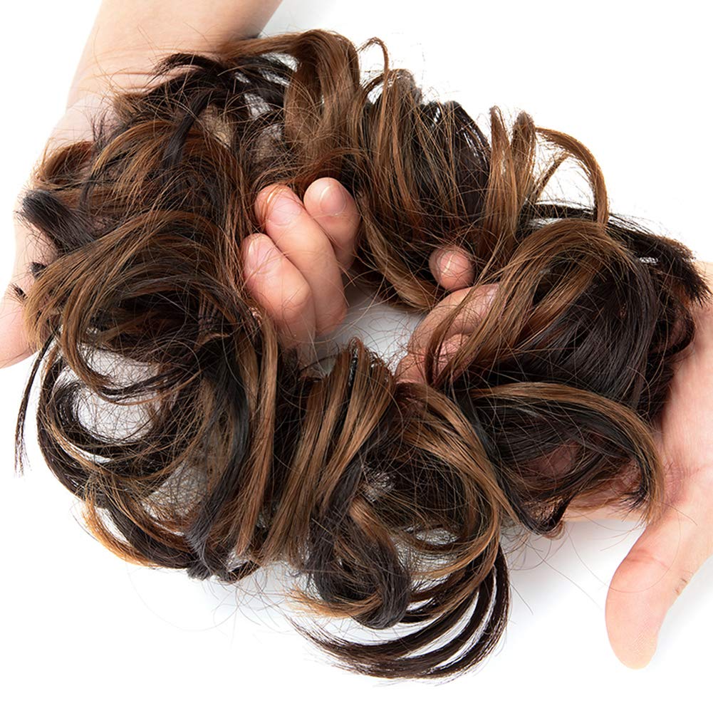 Lelinta Hair Bun Extensions Wavy Curly Messy Donut Chignons Hair Piece Wig Hairpiece Dark Brown Mix Light Auburn