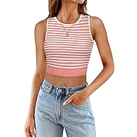 MEROKEETY Women's Ribbed Knit Crop Tank Tops Summer Y2K Striped Sleeveless Shirts