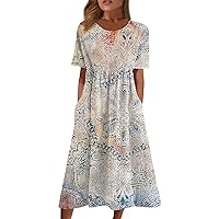 Summer Oversized Dress Womans Short Sleeve Wedding Simple Crewneck Smocked Loose Fit Soft Cotton Pullover.