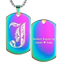 MeMeDIY Personalized Engraved Initial Floral Dog Tags Letter Pendant Necklace for Men Women Custom Stainless Steel Jewelry Bundle with Adjustable Chain, Keychain, Silencer