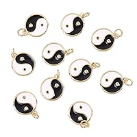 Airssory 10Pcs Brass Micro Pave Black Clear Cubic Zirconia Findings Charms Pendants with Enamel Jump Rings Flat Round Yin Yang Pattern for DIY Making - 15x13mm