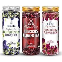 BLUE TEA - Herbal Tea Combo - Rose Buds Tea (1.05 Oz) + Butterfly Pea Flower Tea (0.88 OZ) + Hibiscus Tea (1.76 Oz) | Antioxidant | Caffeine-free - Gluten- free
