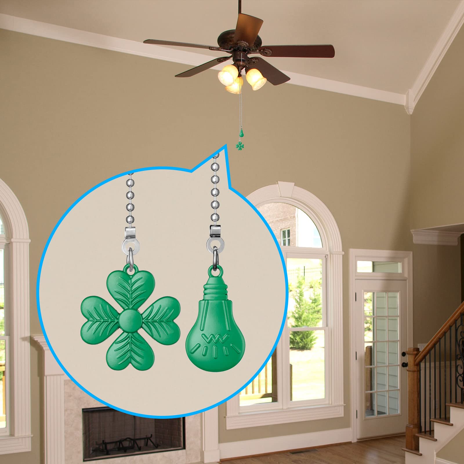 2 Pieces Ceiling Fan Pull Chain Set, Light Bulb and Fan Pattern Pull Chain Extension 12 Inch 3mm Diameter Beaded Ball Connector Best for use with Ceiling Fan Lighting (Green)