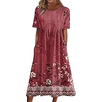 Casual Summer Spring Short Sleeve Midi Dress Trendy Plus Size Smocked Flowy Dress Elegant Formal Vintage Floral Dress