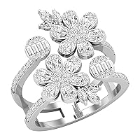Dazzlingrock Collection Baguette, Marquise & Round White Diamond Flower Cluster Adjustable Bypass Ring for Women (1.47 ctw, Color I-J, Clarity SI) in 925 Sterling Silver Size 8.5