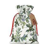 WURTON Gift Bag With Drawstring, Green Eucalyptus Leaves Canvas Gift Bags, Present Wrap Bags For Christmas, 12 X 8 In