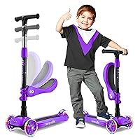 3 Wheeled Scooter for Kids - 2-in-1 Sit/Stand Child Toddlers Toy Kick Scooters w/Flip-Out Seat, Adjustable Height, Wide Deck, Flashing Wheel Lights, Great for Outdoor Fun