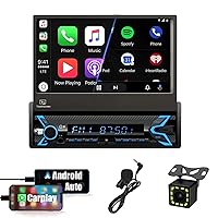 (Motorized) Single Din Car Stereo Compatible with Apple Carplay & Android Auto 7 Inch Flip Out Touchscreen Car Stereo with Bluetooth| Mirror Link| Backup Camera/USB/AUX Input/AM/FM/Subwoofer/DSP