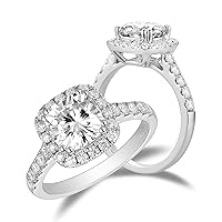 Solid 14K White Gold Center 2ct 7.5mm G-H-I Color Cushion Cut Created Moissanite Halo Engagement Ring Bridal Sets with Accents for women