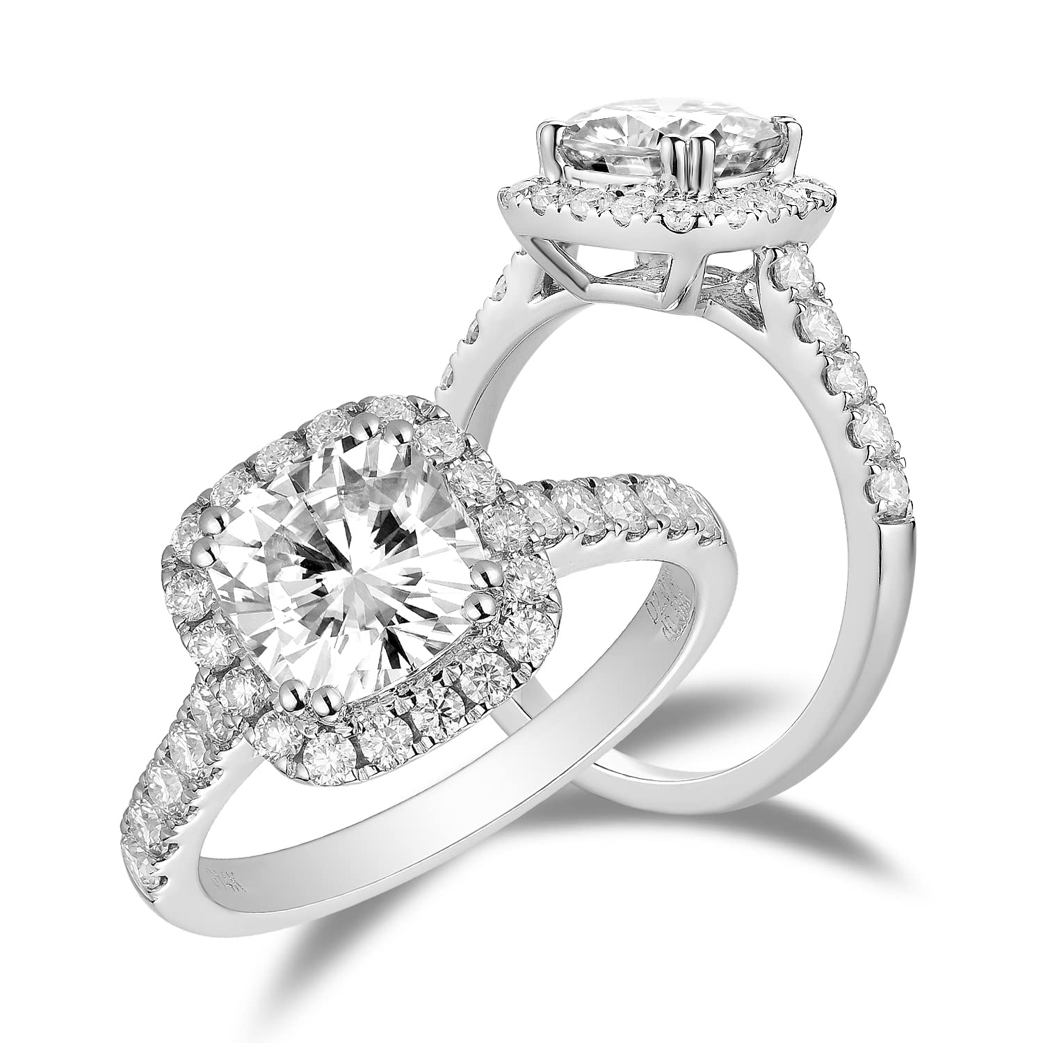 DovEggs Solid 14K White Gold Center 2ct 7.5mm G-H-I Color Cushion Cut Created Moissanite Halo Engagement Ring Bridal Sets with Accents for women