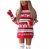 Womens Christmas Fleece Sweater Reindeer Snowflake Turtleneck Long Sleeve Blouse Midi Graphic Blouse Tshirt Tops