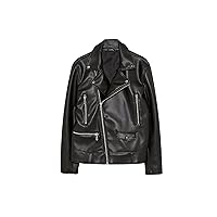 Men's Spring Autumn Style Oblique Zipper Riding Jacket Retro Motorcycle Lapel Leather Jacket Black with Pockets
