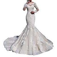 Long Sleeves Mermaid Wedding Dress for Bride with Lace Appliques White