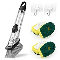 Soap Dispensing Dish Brush Set, Kitchen Brush with 4 Brush Replacement Heads, 2 Adhesive Hooks, Dish Wand Scrub Brush for Dishes Sink Pot Pan Cleaning