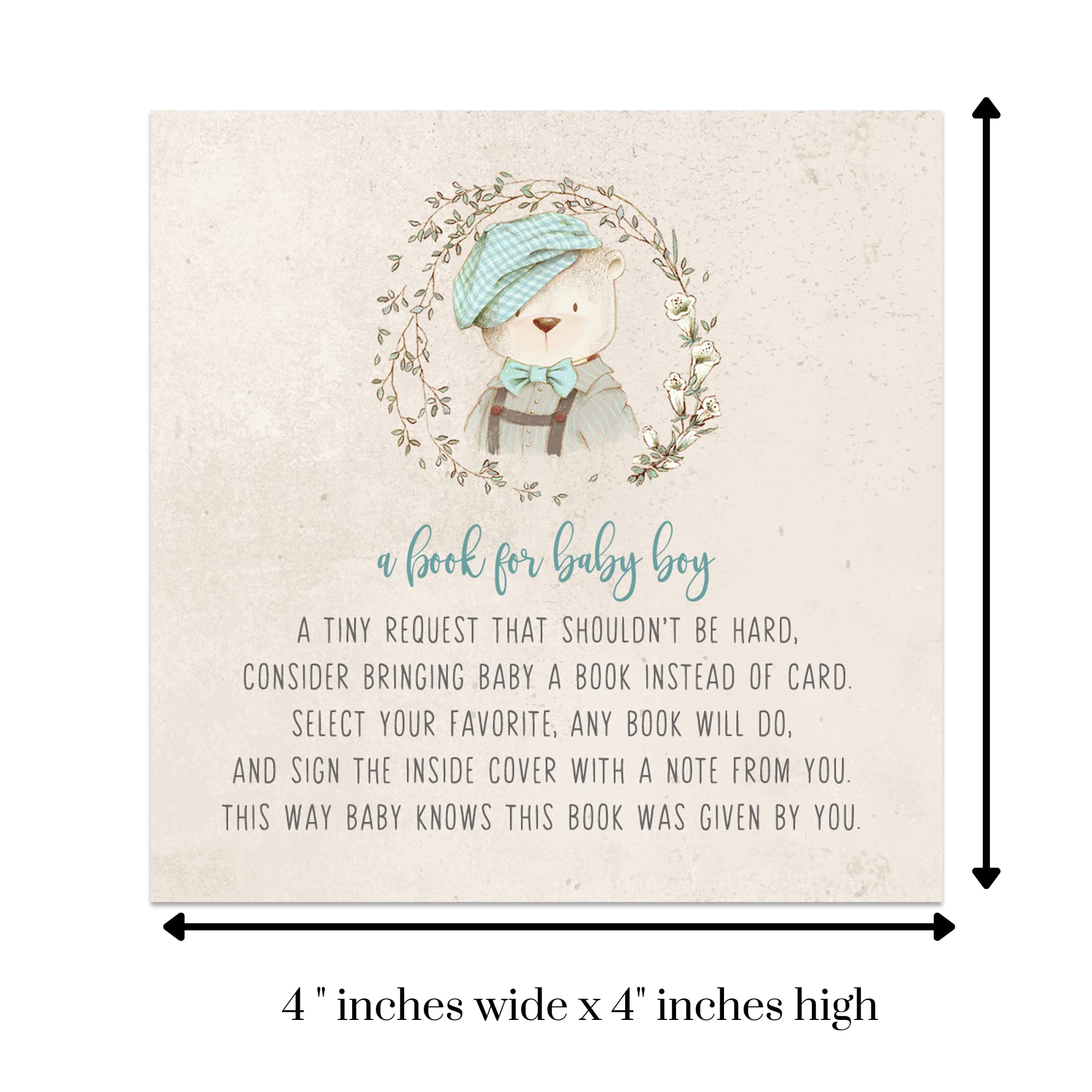 Paper Clever Party Teddy Bear Bring a Book Cards for Baby Shower (25 Pack) Boys Invitation Insert for Bow Tie Parties – Rustic Greenery Theme Blue – 4x4 Printed Card Set