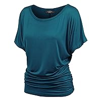 Made by Johnny Women's Solid Short Sleeve Boat Neck V Neck Dolman Top with Side Shirring-Made in U.S.A.