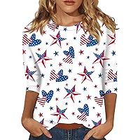 Fourth of July Outfits Women Tunic Tops 3/4 Sleeve America Shirts Three Quarter Sleeve Summer Cute Print Tunic Tees
