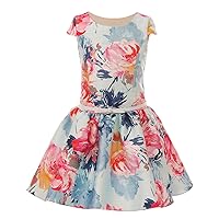 Girls Drop Waist Silhouette Vibrant Watercolor Floral Print Mikado Special Occasion Dress