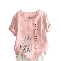 Cotton Linen Tops for Women Crew Neck Roll Up Short Sleeve Tshirt Floral Print Blouses Casual Loose Fitted Shirts
