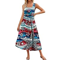 Women's July 4th Patriotic Maxi Dress 2024 Summer Sleeveless Square Neck Flowy Long Beach Sundresses with Pockets