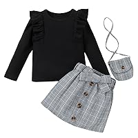 Baby Girl Outfits 12-18 Months Toddler Girls Ruffles Long Sleeve Ribbed Tops Plaid Prints Skirts Long (Black, 3-4 Years)