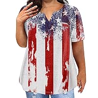 4Th of July Plus Size Women V Neck American Flag Short Sleeve Shirts 2024 Summer Patriotic Chest Pocket Top