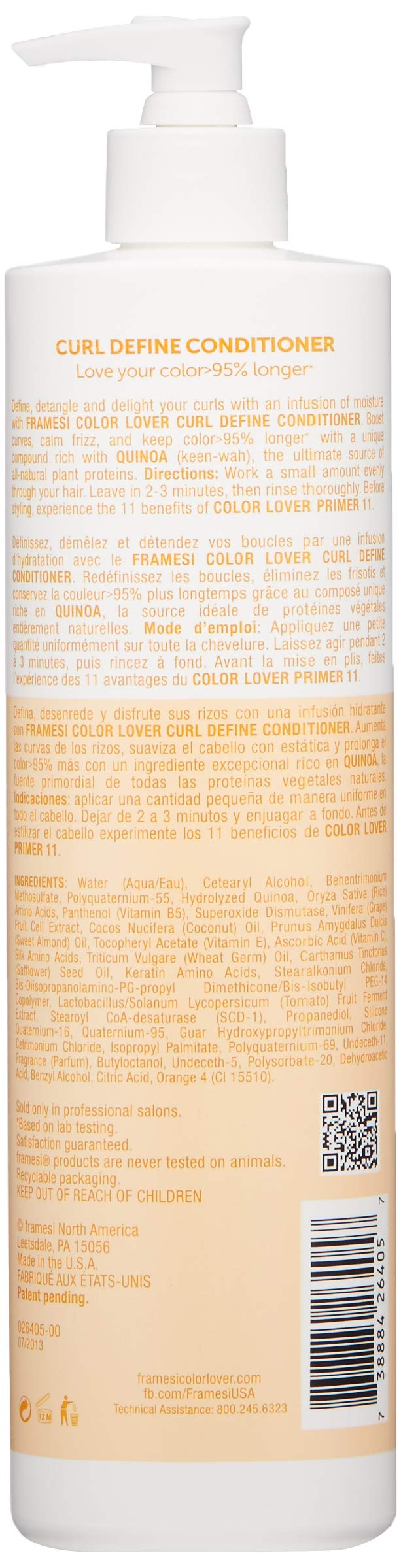 Framesi Color Lover Curl Define Conditioner, Conditioner for Curly Hair with Quinoa, Color Treated Hair