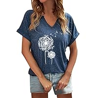 Womens Tops Spring 2024 3/4 Women Casual Dandelion Print Basic V Neck Short Sleeved Summer T Shirt Loose Pullo