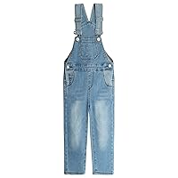 KIDSCOOL SPACE Girls Denim Overalls, Elastic Waistband Inside Washed Stretchy Jeans Jumpsuit
