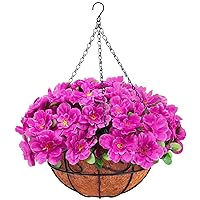 Artificial Hanging Flowers with Basket, Silk Azalea Flowers in Coconut Lining Hanging Baskets, Fake Hanging Plants for Outdoors Indoors Yard Garden Patio Home Room Porch Decorations (Fuchsia)