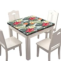 SongYi Tropical Hawaii Fitted Tablecloth Square, Palm Leaf Red Hibiscus Elastic Edged Polyester, Resistant Washable Multicolor tropical Plants and Hibiscus Flowers Fits 42x42 inch Square Table