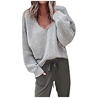 RMXEi Women Fashion V-Neck Loose Pullover Solid Color Long Sleeves Sweater Tops